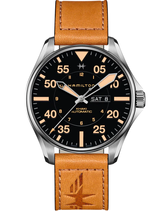 Hamilton Hamilton Khaki Aviation Pilot Day Date Auto H64725531  H64725531 механические мужские часы черный циферблат, браслет кожаный — вид спереди